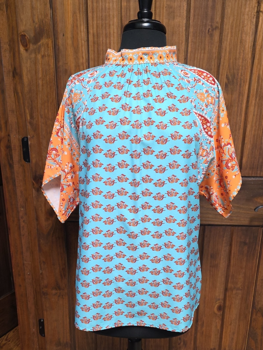 Turquoise and Orange Printed Short-Sleeve Blouse - Size L